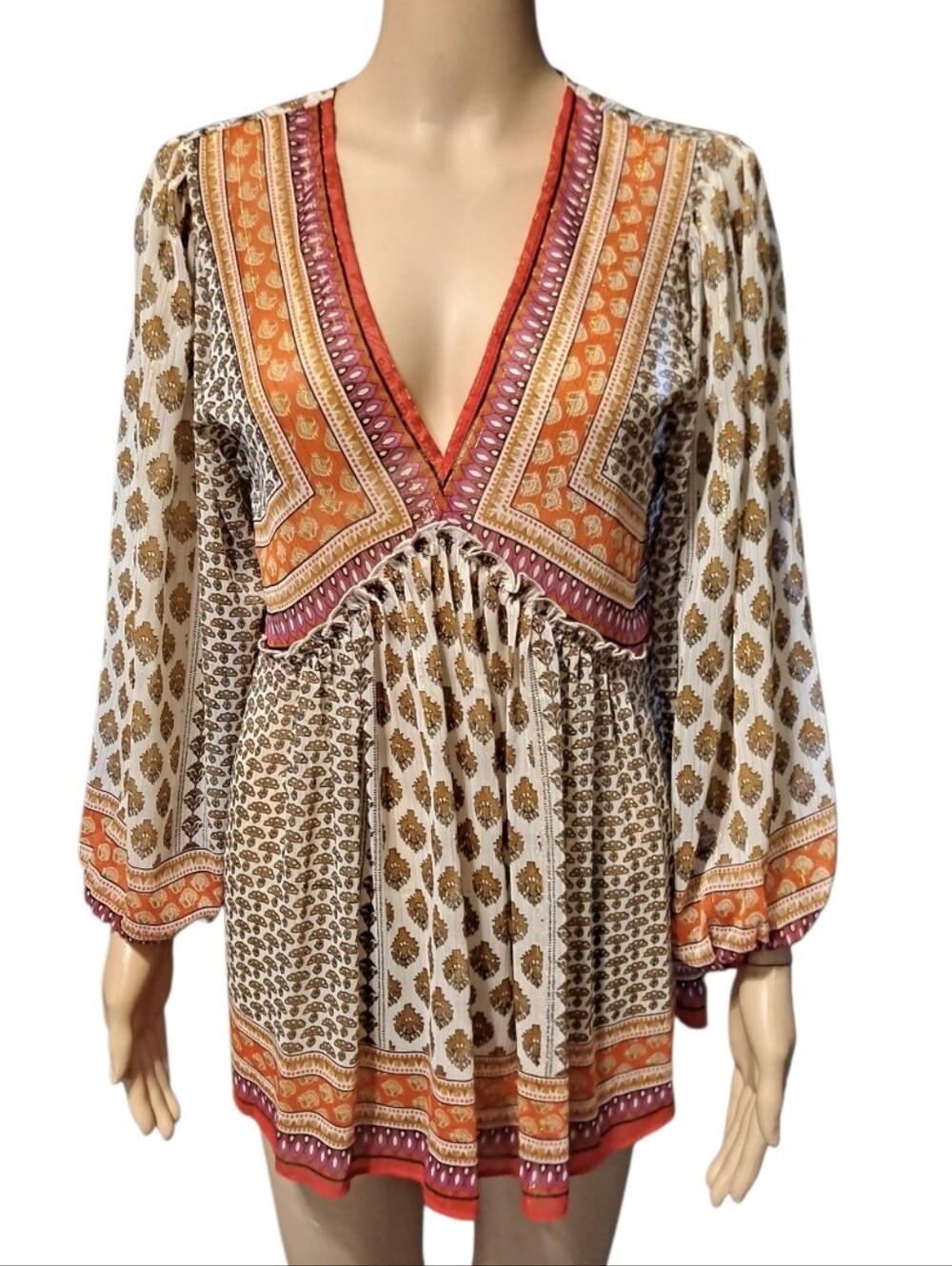 Rose + Olive Boho V-Neck Long Sleeve Tunic Top - Orange & Cream